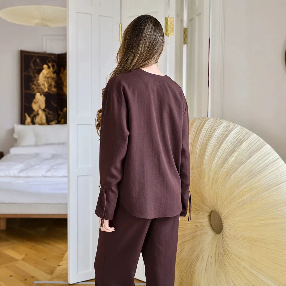 Damen Lässiges Lounge-Set mit V‑Ausschnitt, Knopfleiste und Zugbändern Drune