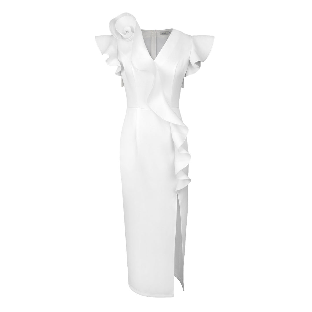 Damen Elegantes Midi-Kleid mit asymmetrischem Rüschen-Design und floralem Akzent Drune