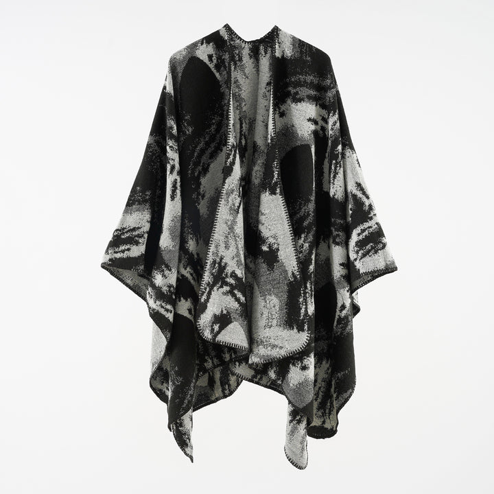 Damen Oversize-Jacquard-Umhang aus Wollmix mit grafischem Aquarellmuster und Kettelkante Drune