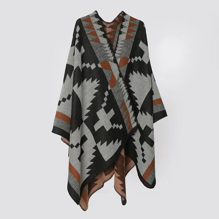 Damen Oversize-Capeponcho im Azteken-Jacquard aus weichem Wollmix mit asymmetrischem Zipfelsaum Drune