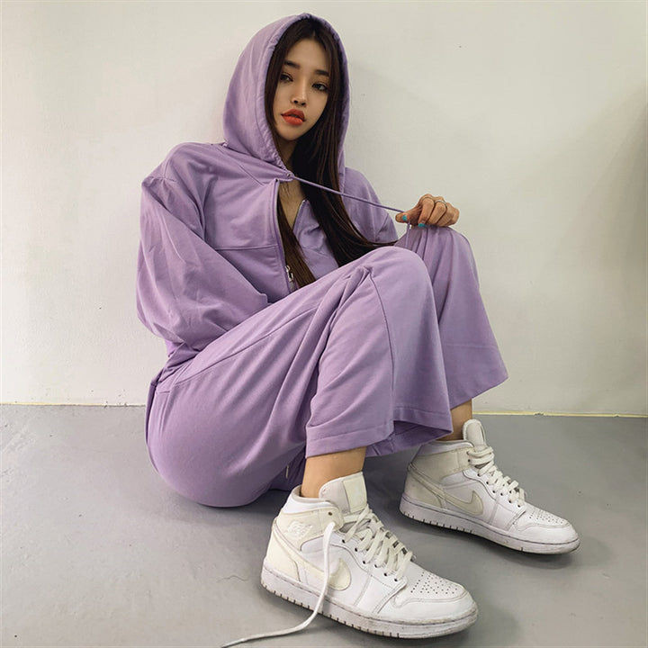 Damen modisches Drei-Teiliges Set mit cropped Hoodie, Tanktop und weiten Hosen Drune