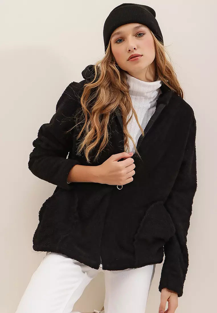 Damen kuschelige Fleecejacke mit Kapuze und Doppelreißverschluss Drune