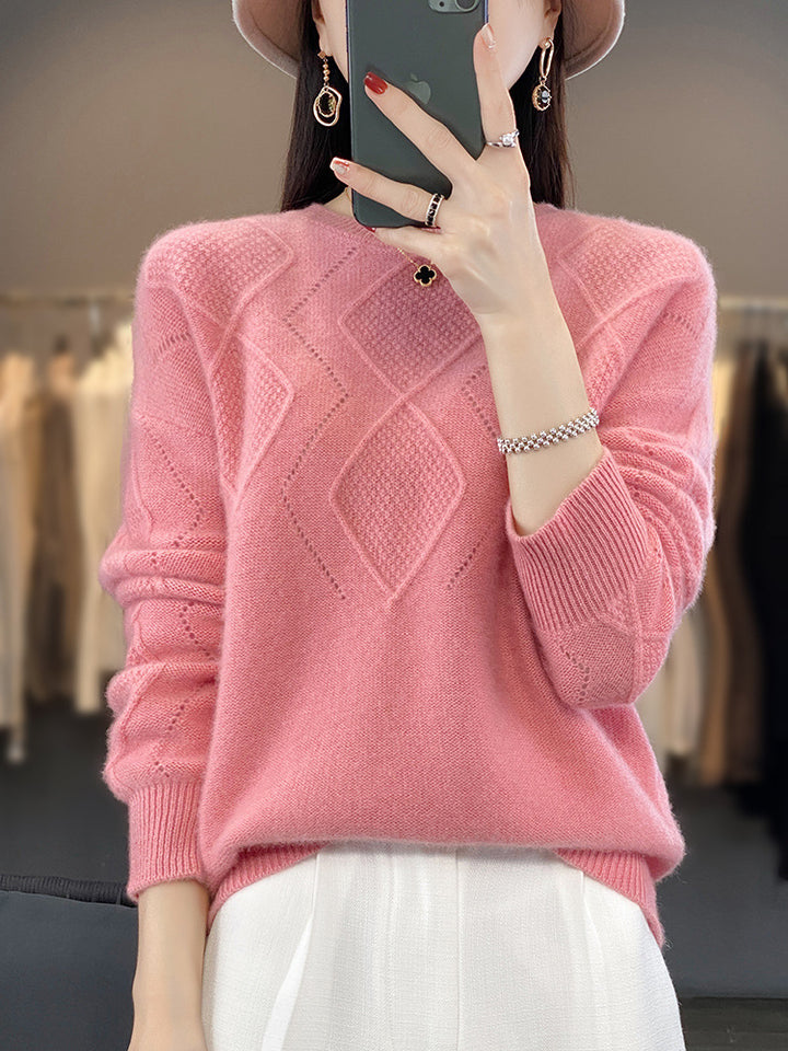 Damen Weicher Rautenmuster-Pullover im Mohair‑Look mit feiner Ajourstruktur und Rundhalsausschnitt Drune