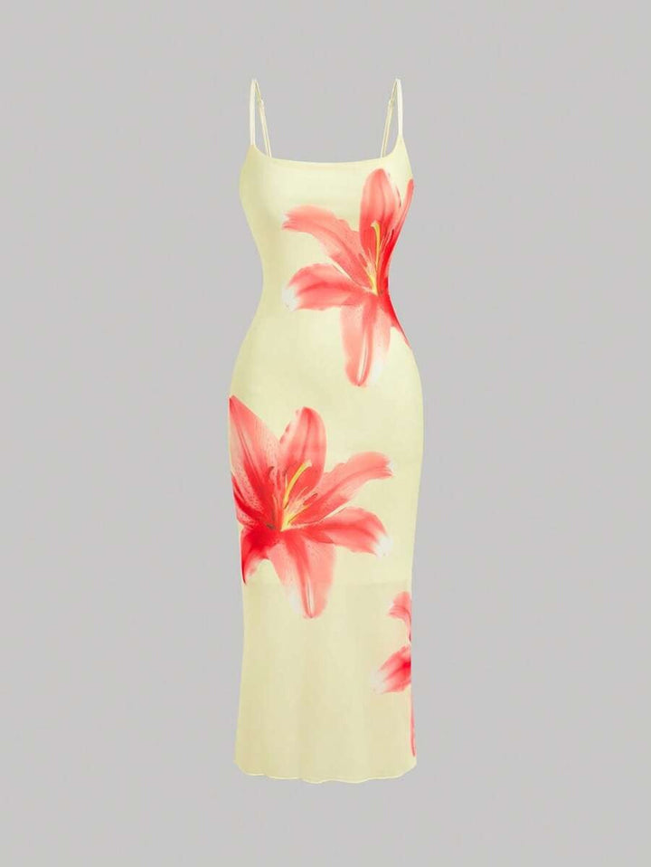 Damen sommerliches Blumenkleid mit feinen Spaghetti-Trägern und fließendem Schnitt Drune