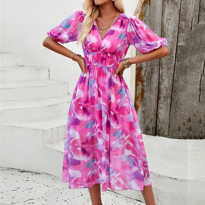 Damen Midikleid mit eleganten Puffärmeln und romantischem Blumenmuster Drune