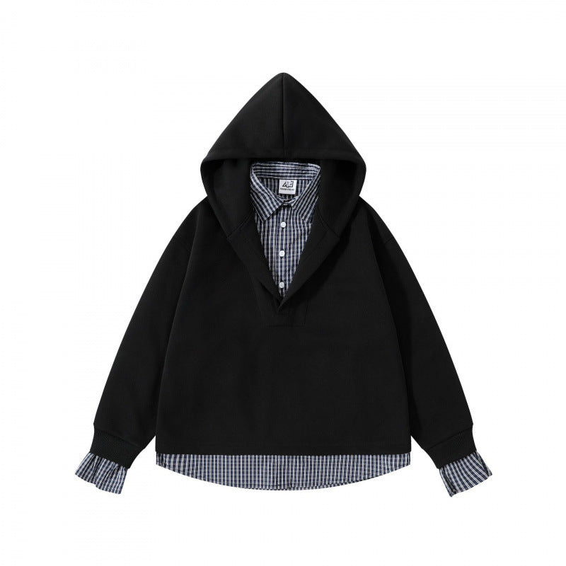 Damen Layering-Hoodie mit eingesetztem Hemdkragen, karierter Saum- und Manschettenoptik Drune