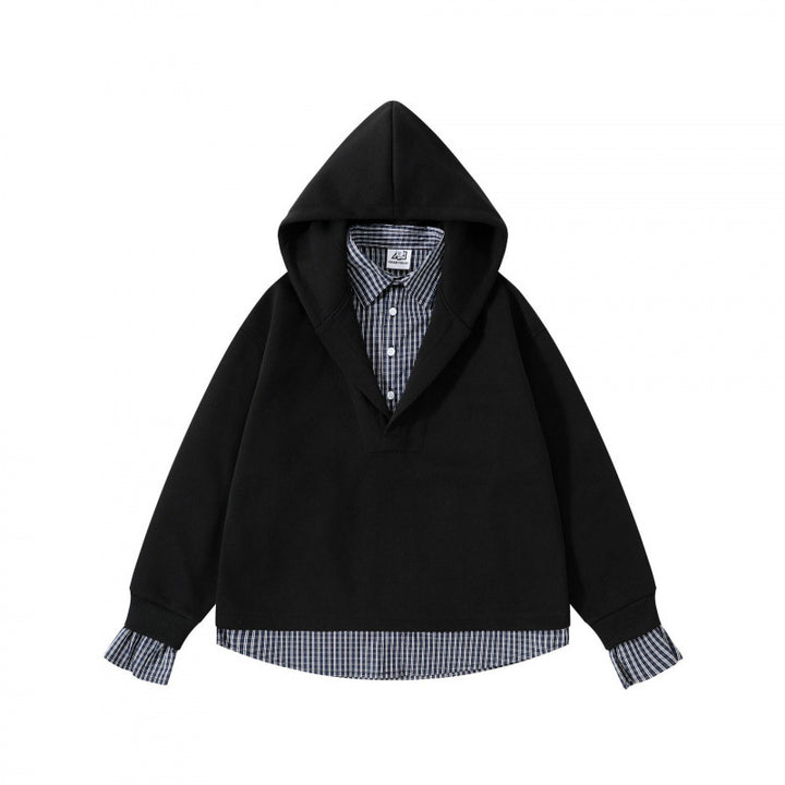 Damen Layering-Hoodie mit eingesetztem Hemdkragen, karierter Saum- und Manschettenoptik Drune