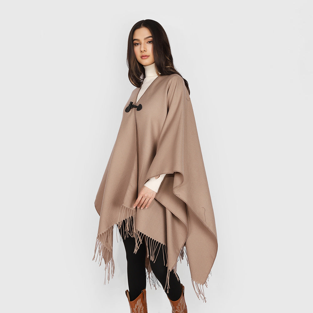 Damen Kastiger Cape-Überwurf mit Fransen und Knebelverschluss Drune