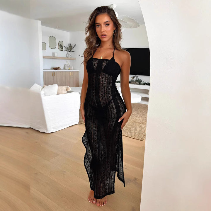 Damen Transparente Maxi-Strandkleid mit feinen Häkelmustern und verstellbaren Trägern Drune