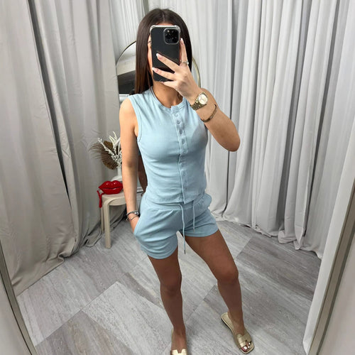 Damen lässiges Kurzoverall-Set mit Knopfverschluss und verstellbarem Taillenzug