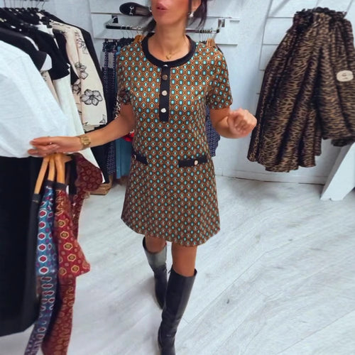 Damen nan Retro-A-Linien-Minikleid mit geometrischem Muster, Kontrastblende und Zier-Taschendetail Drune