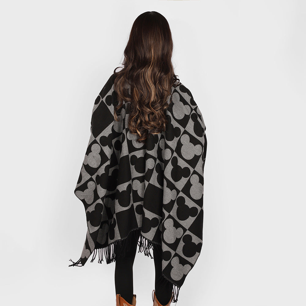 Damen Oversize-Capeponcho mit Jacquard-Motiv und Fransen Drune