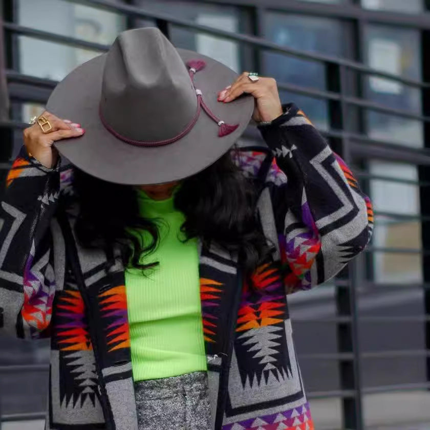 Damen Lange Strickjacke im bunten Ethno-Design und modernem Schnitt Drune
