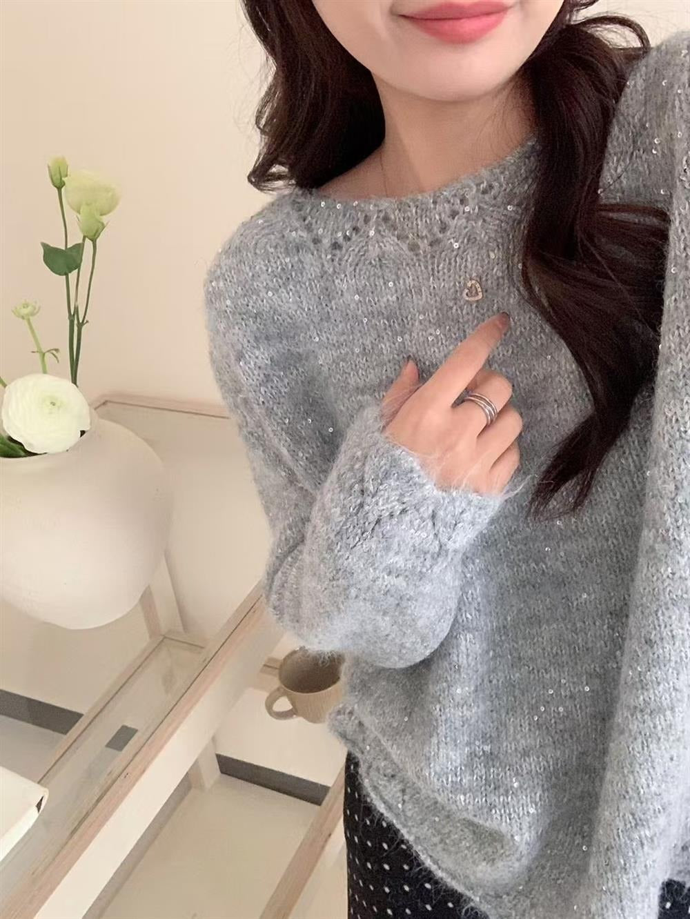 Damen Flauschiger Strickpullover mit glänzenden Akzenten und lockerem Schnitt Drune