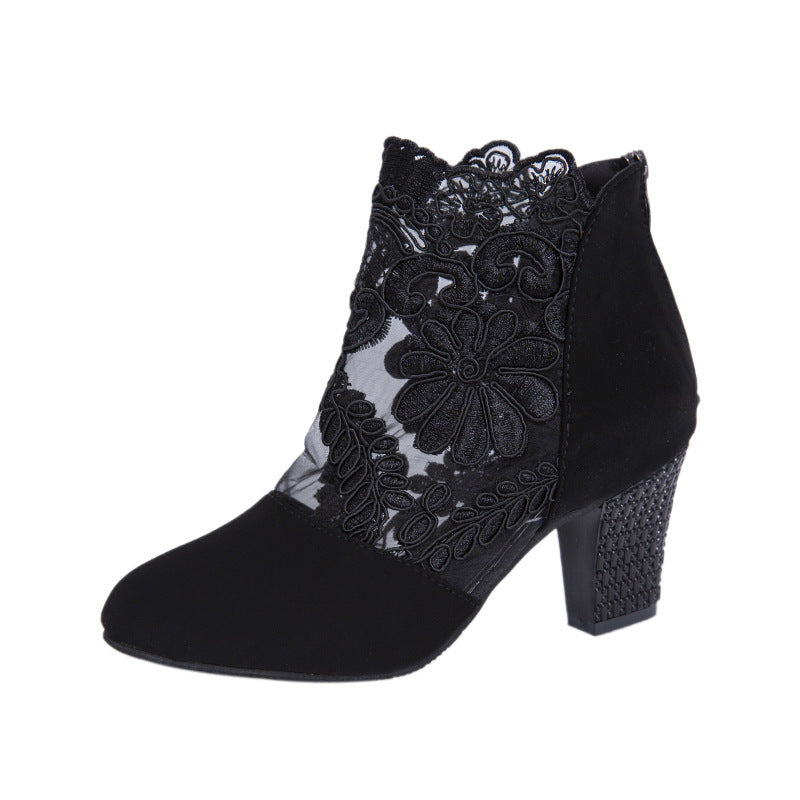 Damen Ankle-Boots mit floraler Spitze und samtiger Wildlederoptik mittelhoher Blockabsatz Drune