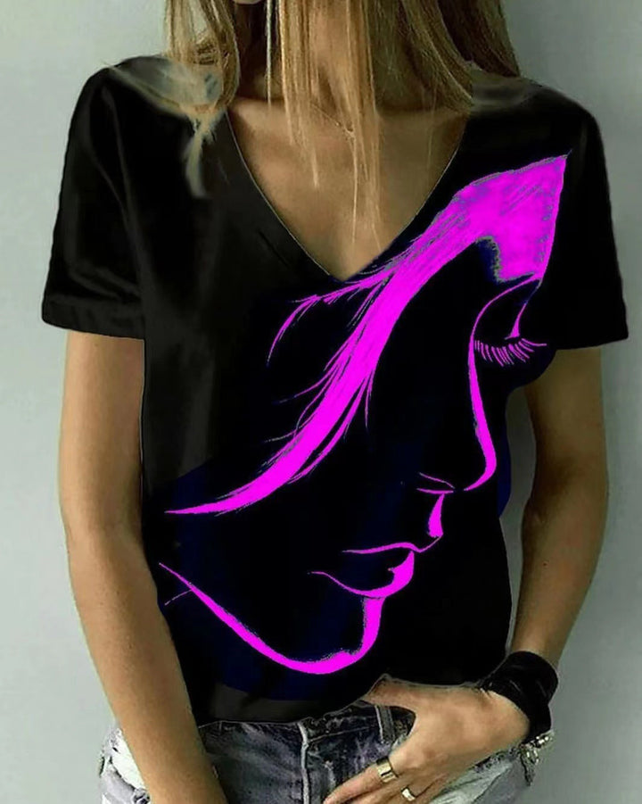 Damen V-Ausschnitt T-Shirt mit kreativem Grafikdruck Drune