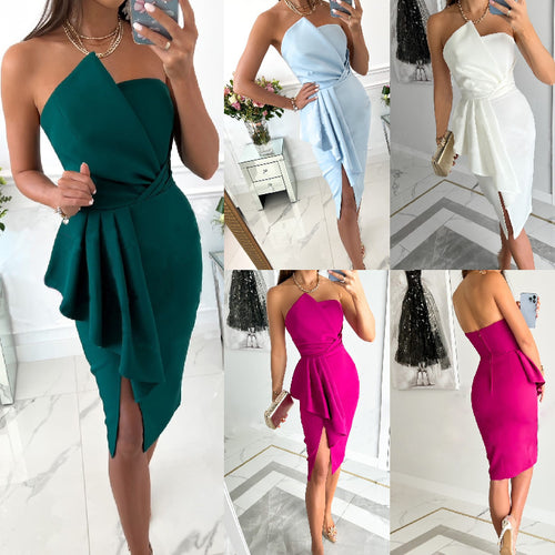Damen Körperbetontes Abendkleid mit Rüschen und Schlitz Drune