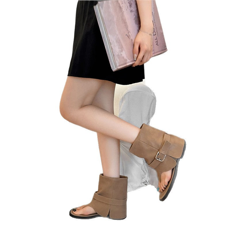 Damen Slouchy Zehenring-Mule‑Stiefel mit weitem Schaft und Ziergürtel Drune