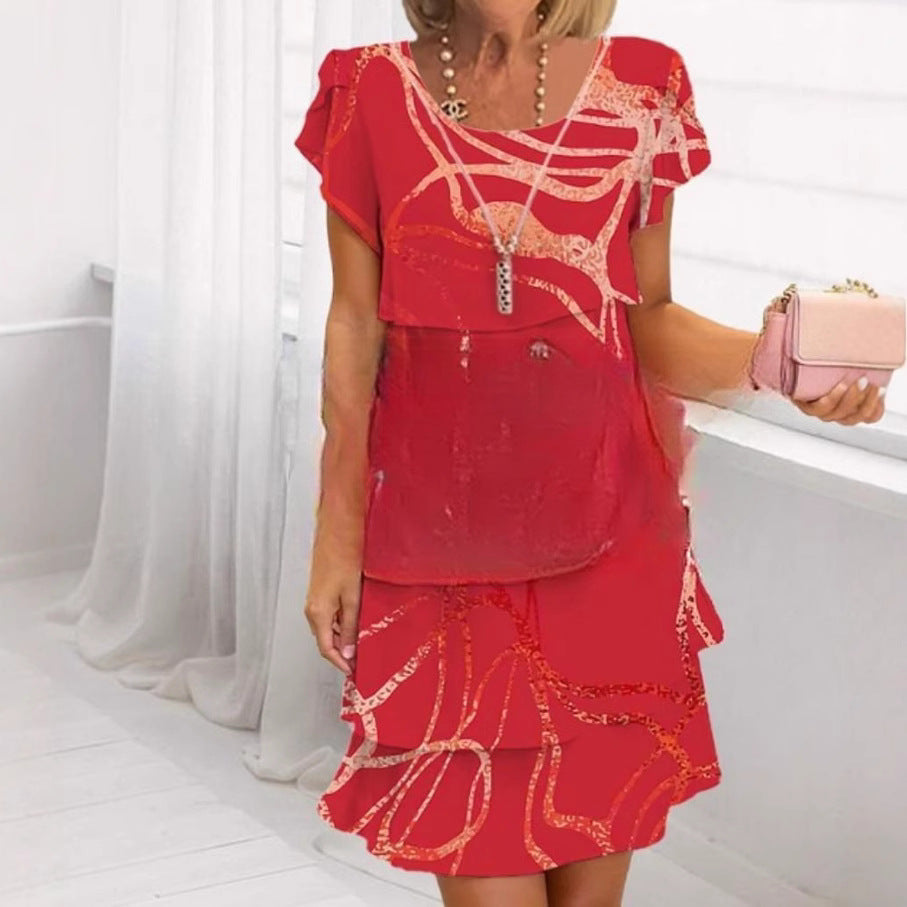 Damen Fließendes Maxi-Kleid mit eleganten Volant-Details und kreativem Grafikmuster Drune
