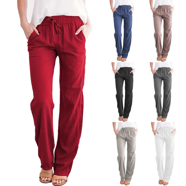Damen Leichte Leinenoptik Palazzo-Hose mit Gummibund, Tunnelzug und Eingrifftaschen Drune