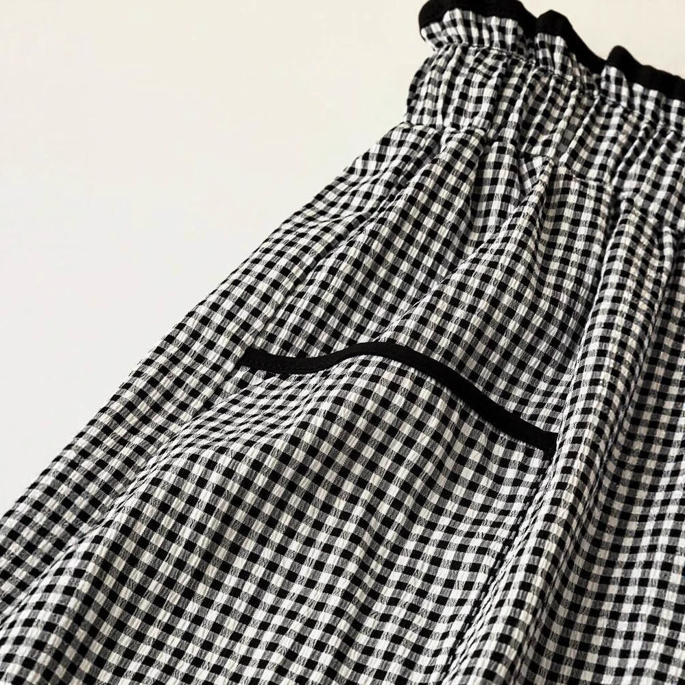Damen Weite Vichy-Hose mit hoher Smok-Taille, Tunnelzug und aufgesetzten Taschen Drune