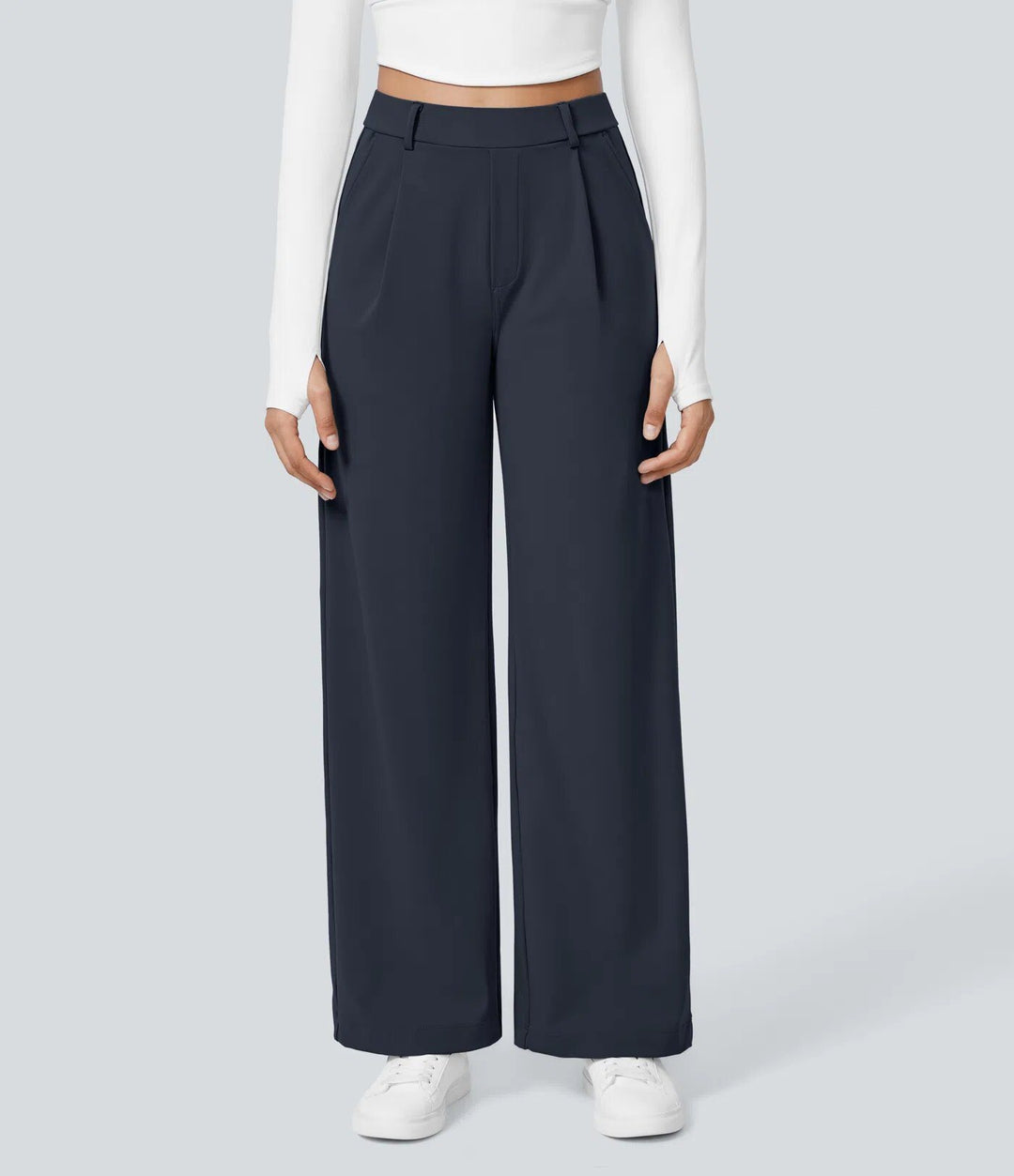 Damen Weite High‑Waist Palazzo‑Hose mit Bundfalten und Eingrifftaschen Drune