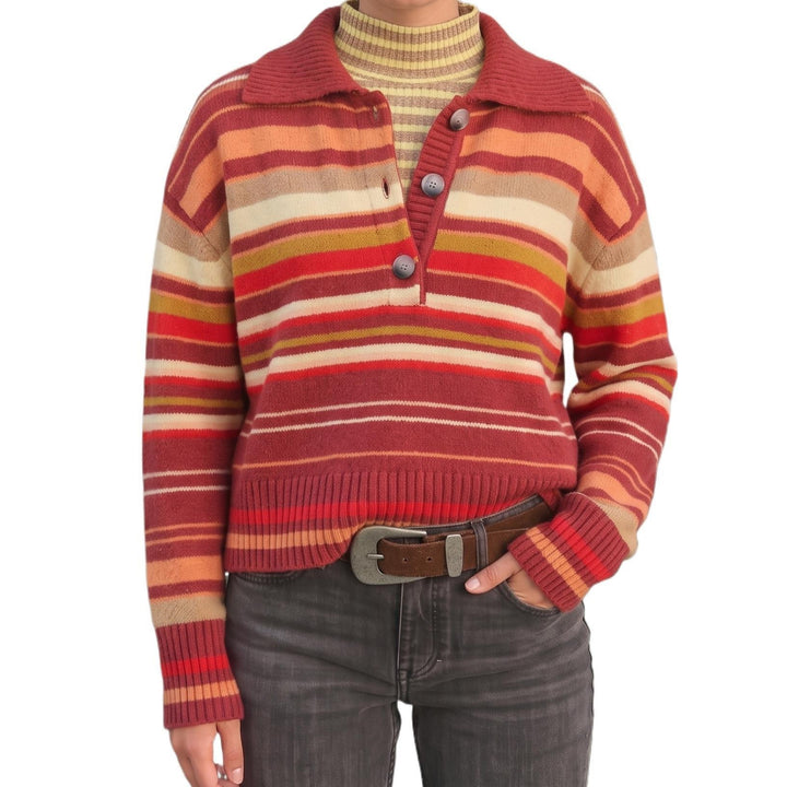 Damen Gestreifter Strickpullover mit Polokragen & Knopfleiste Drune