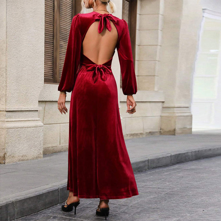 Damen elegantes Samt-Maxikleid mit taillierter Corsage, langen Ballonärmeln und fließender A-Linien-Rock Drune