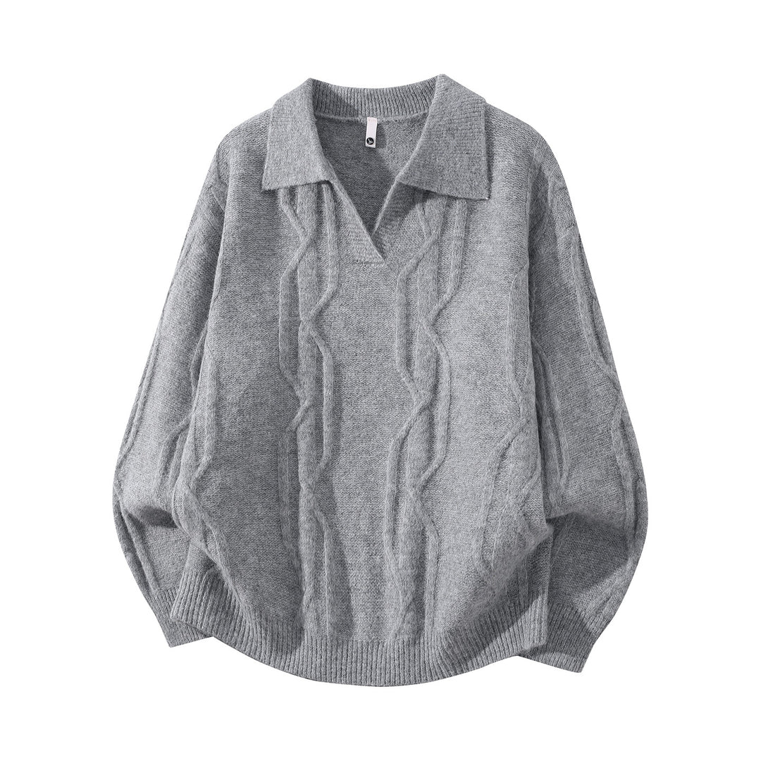 Damen Oversize Mohair‑Optik Zopfstrickpullover mit Polokragen und V‑Ausschnitt Drune