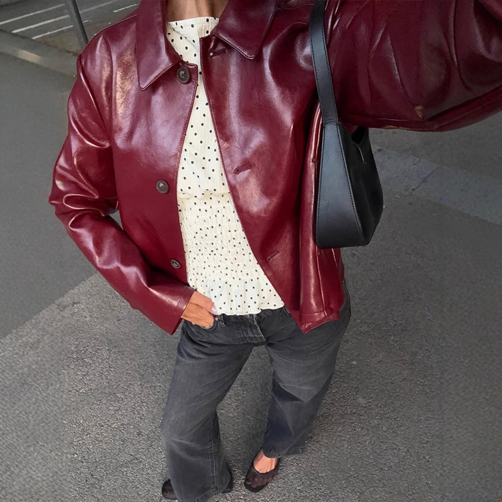 Damen Boxy-Kunstlederjacke mit Hemdkragen und geradem Cropped-Schnitt Drune