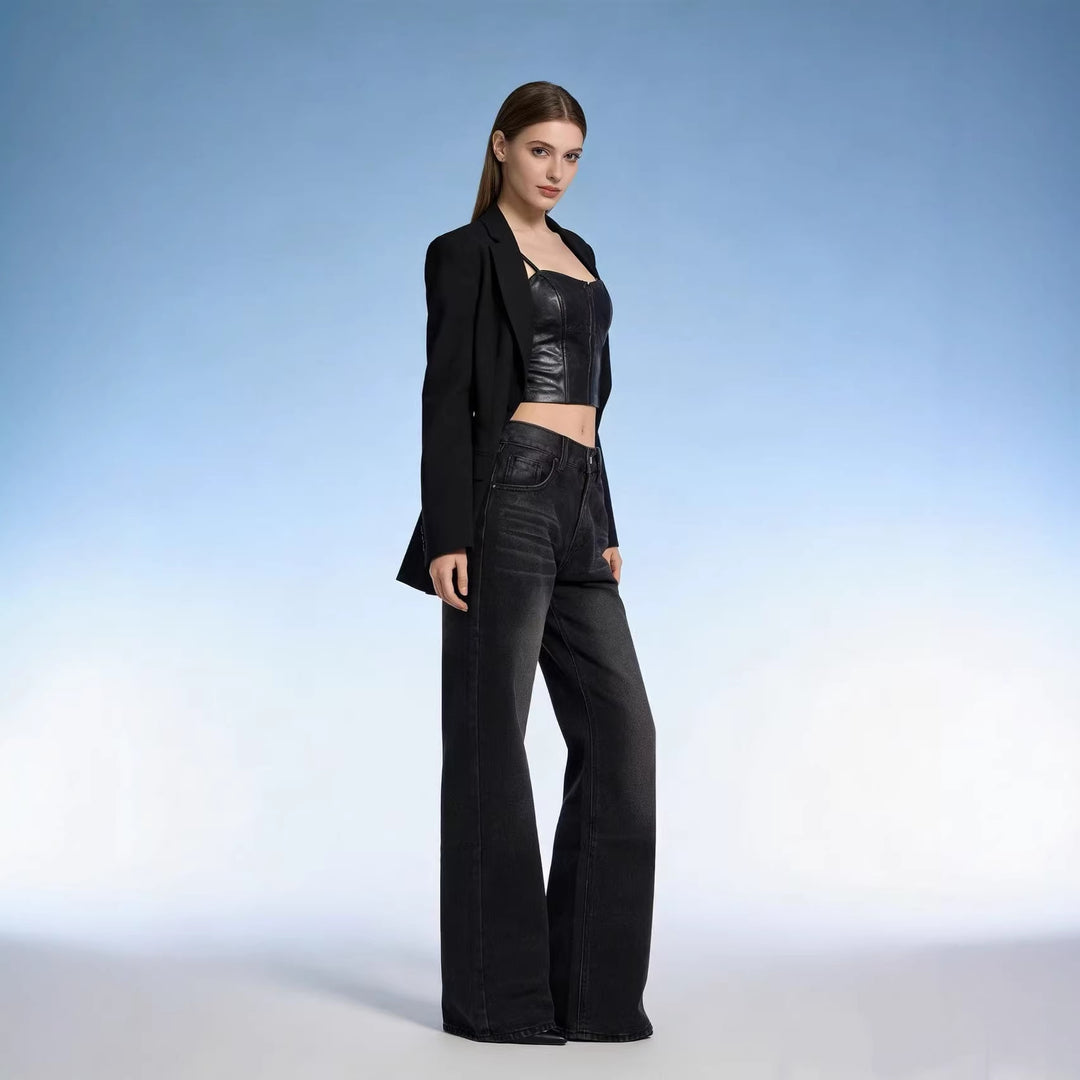 Damen nan hochgeschnittene Jeans mit schmaler Hüftpassform und weitem Schlag im Retro-Stil Drune