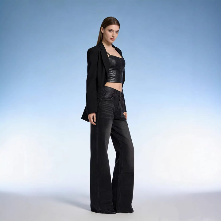 Damen nan hochgeschnittene Jeans mit schmaler Hüftpassform und weitem Schlag im Retro-Stil Drune