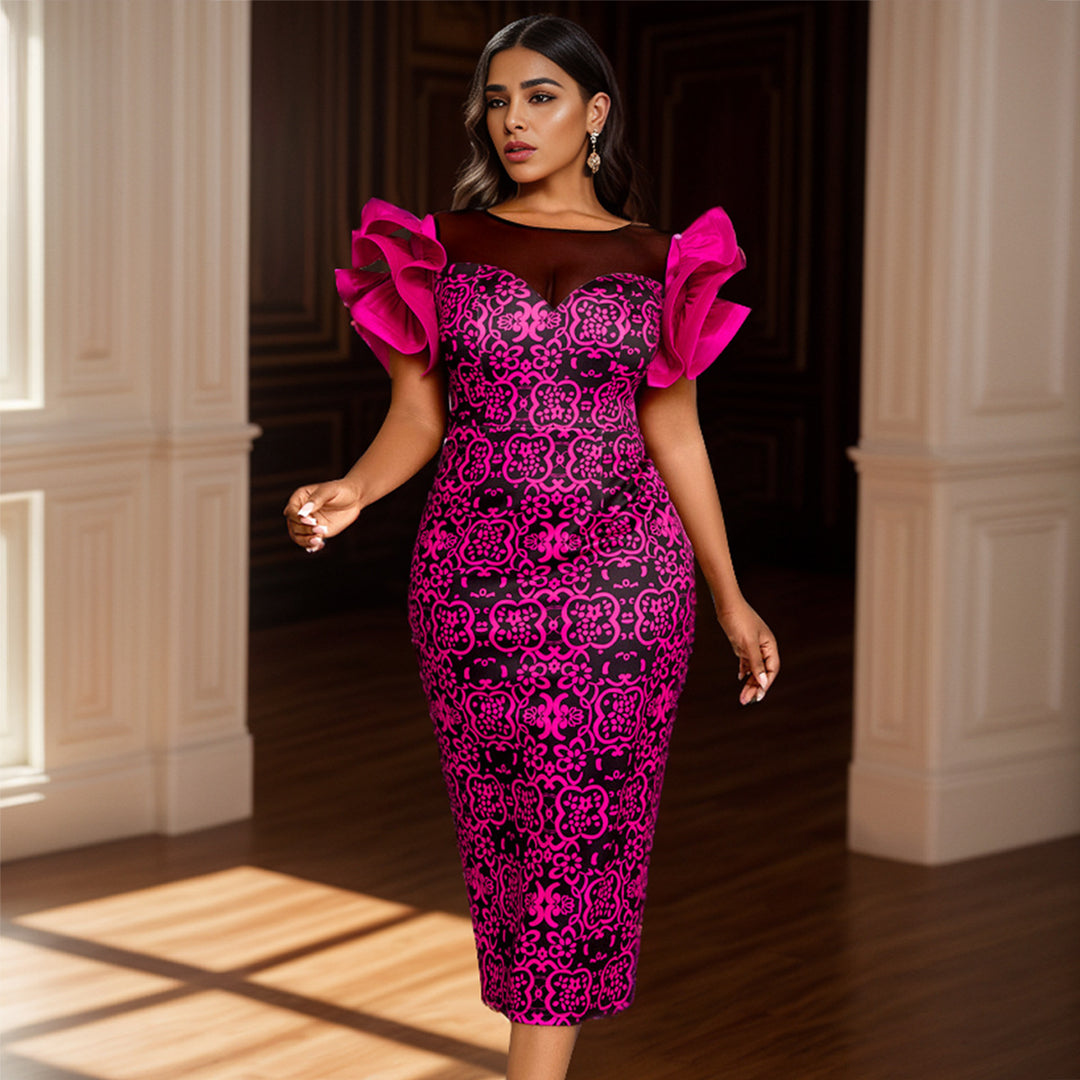 Damen Elegantes Etuikleid mit innovativen Puffärmeln und floralem Muster Drune