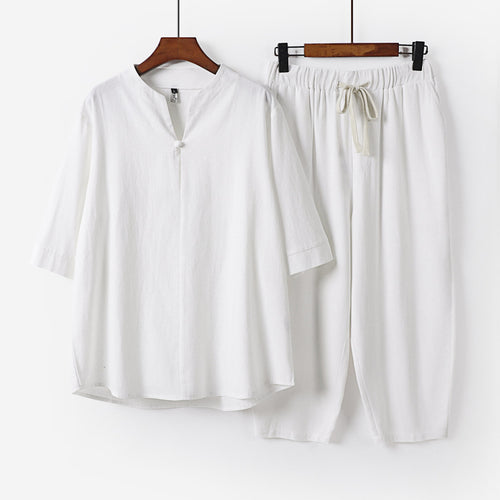 Damen Leichtes Leinen-Baumwoll-Loungewear-Set mit Stehkragen, Dreiviertelärmeln und Gummizugbundhose Drune
