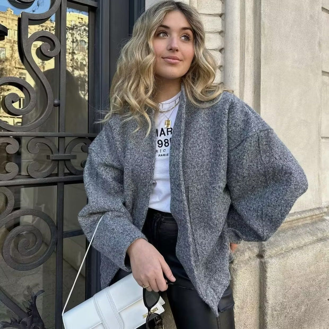 Damen nan kurze Boxy Wollmix‑Jacke mit kurzem Stehkragen, verdeckter Frontleiste und aufgesetzten Taschen Drune