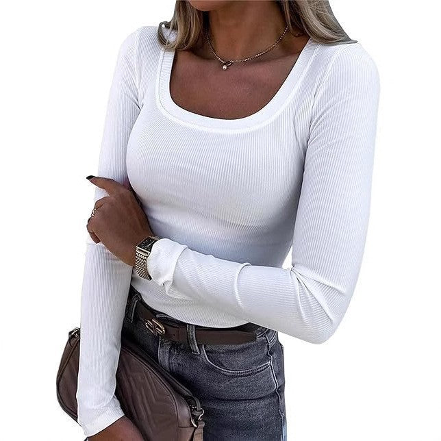 Damen Figurnahes geripptes Longsleeve mit weitem Quadratausschnitt und Stretch-Material Drune