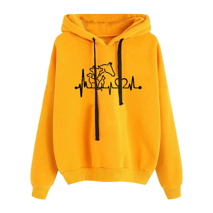 Damen nan leichter Oversize Kapuzenpullover mit Herz‑EKG‑Motiv, langen Kordeln und elastischem Bund Drune