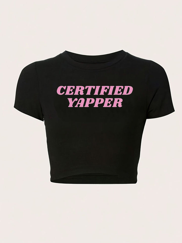 Damen figurbetontes Kurzarm-T-Shirt mit verspieltem Aufdruck Drune