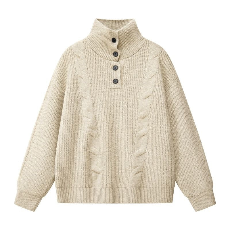 Damen Oversize Zopfstrickpullover mit hohem Rollkragen und Knopfleiste Drune