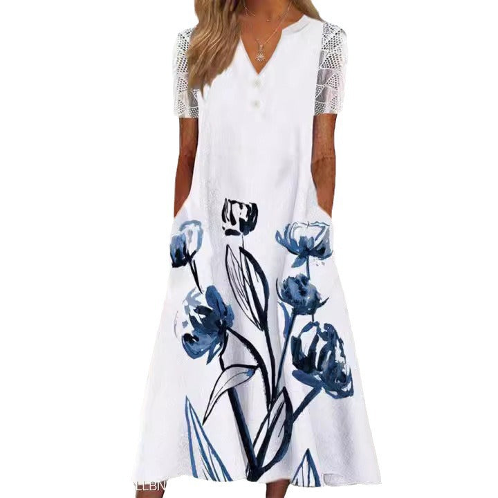 Damen Maxi-Kleid mit floralem Design und praktischem Knopfverschluss Drune