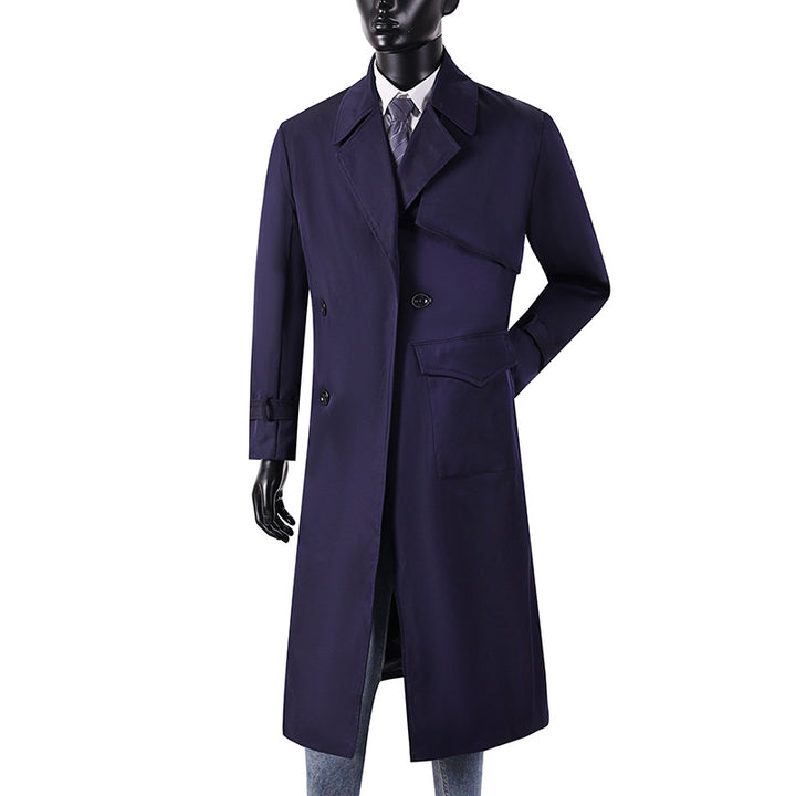 Herren Langmantel im Trenchcoat-Stil mit Sturmklappe, asymmetrischen Taschen und klassischem Revers Drune