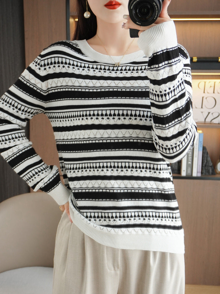 Damen Leichter Rundhals-Feinstrickpullover mit geometrischem Ajourstreifenmuster Drune