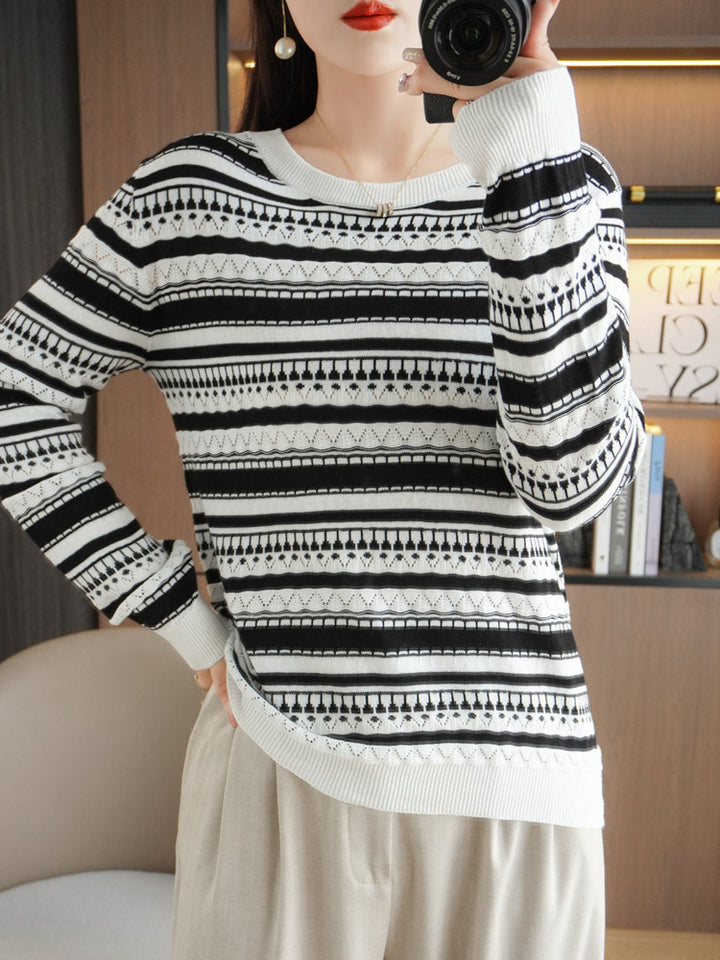 Damen Leichter Rundhals-Feinstrickpullover mit geometrischem Ajourstreifenmuster Drune