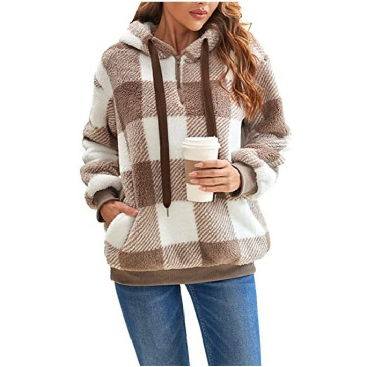Damen kuschelige Karo-Hoodiejacke mit Reißverschluss und Kängurutasche Drune