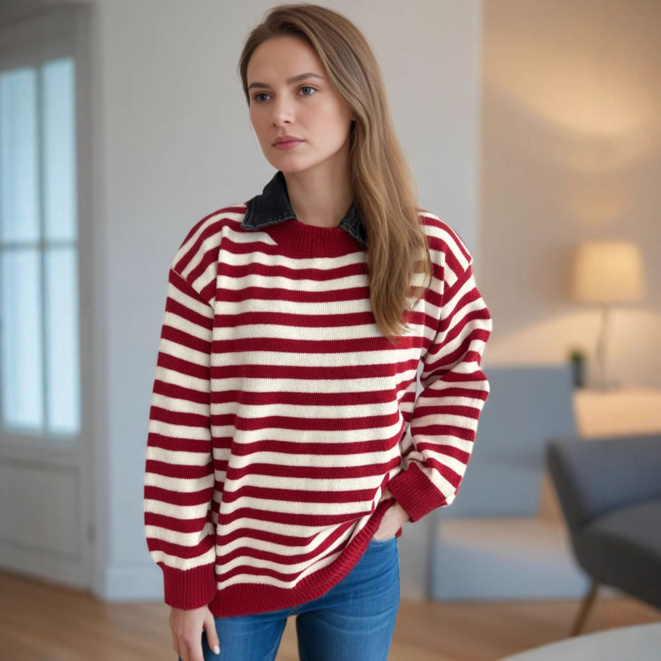 Damen Oversized Pullover mit modischem Streifenmuster und lässiger Passform Drune