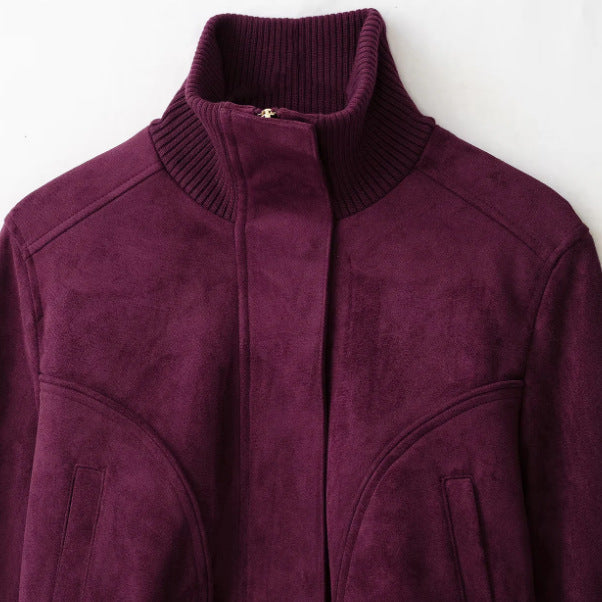 Damen Cropped Velours‑Bomberjacke mit hohem Rippenkragen und verdeckter Verschlussleiste Drune