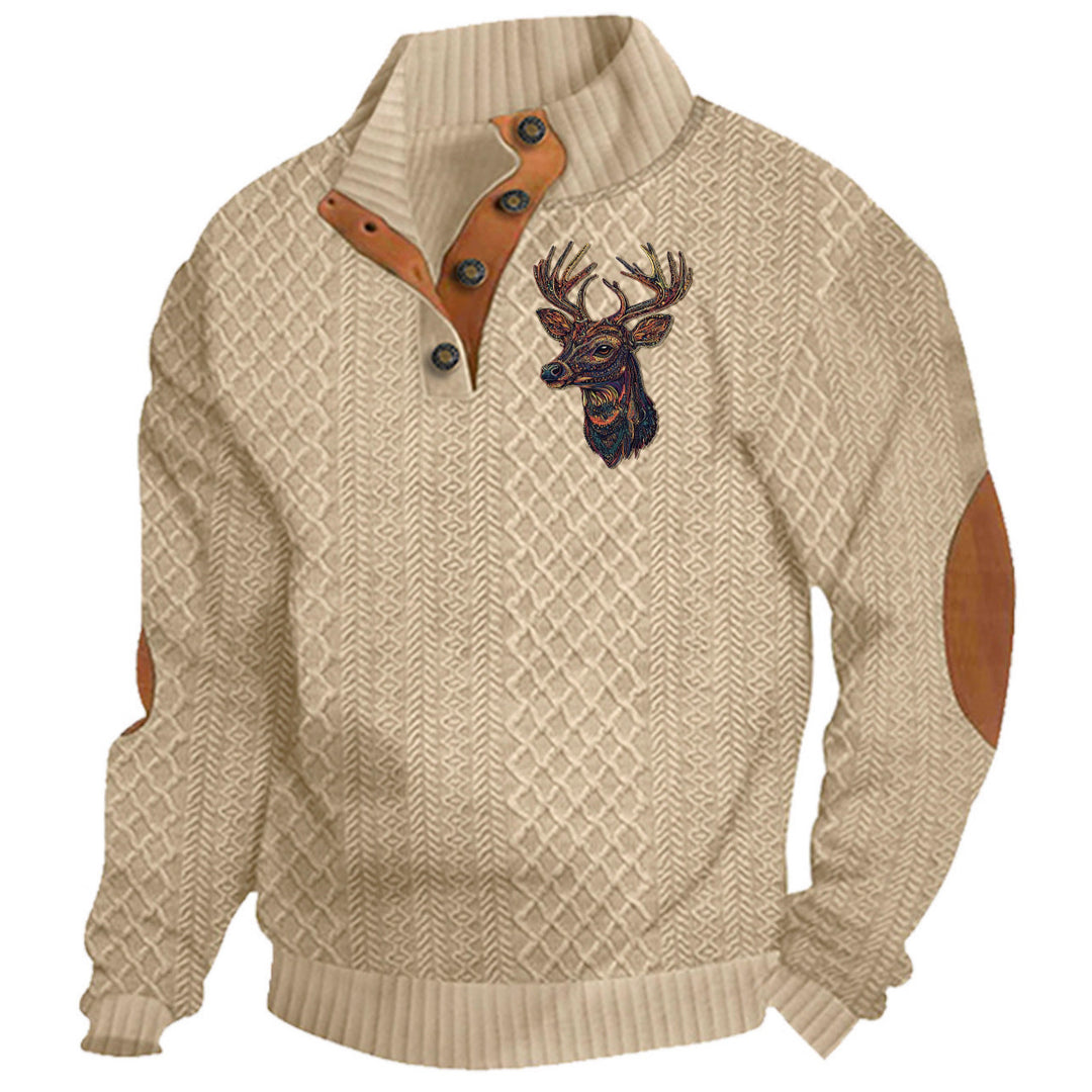 Herren nan Heritage-Strukturpullover mit Stehkragen Lederimitat-Besatz Ellenbogen-Patches und Halbknopfleiste Drune