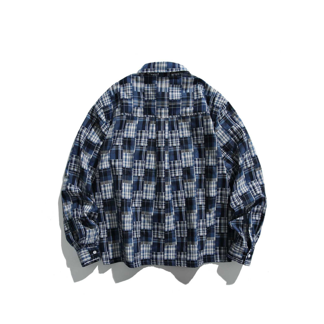 Unisex Patchwork-Karo-Hemdjacke im Oversize-Boxy-Schnitt mit Brusttasche und Kentkragen Drune