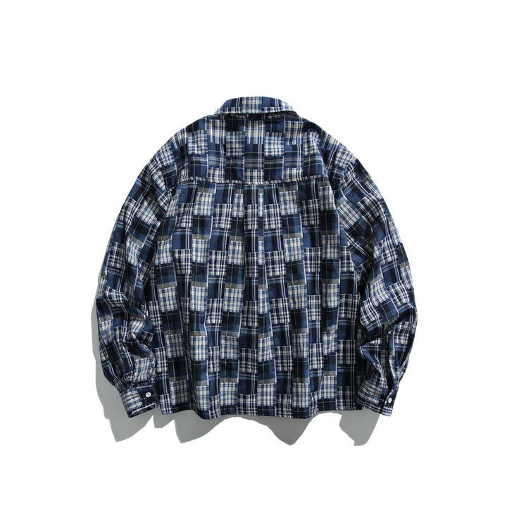 Unisex Patchwork-Karo-Hemdjacke im Oversize-Boxy-Schnitt mit Brusttasche und Kentkragen Drune