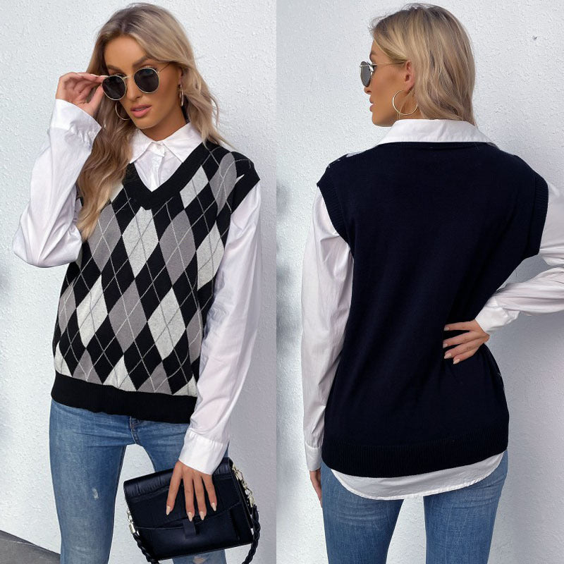 Damen Argyle-Strickweste mit V-Ausschnitt und lässiger Oversize-Passform Drune